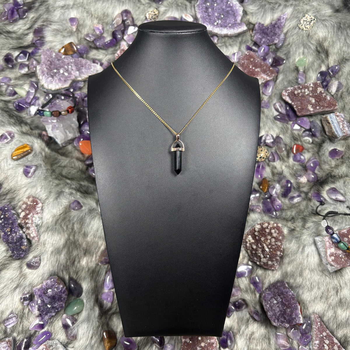 Onyx Crystal Hexagonal Double-Terminated Gold Stainless Steel Chain Necklace