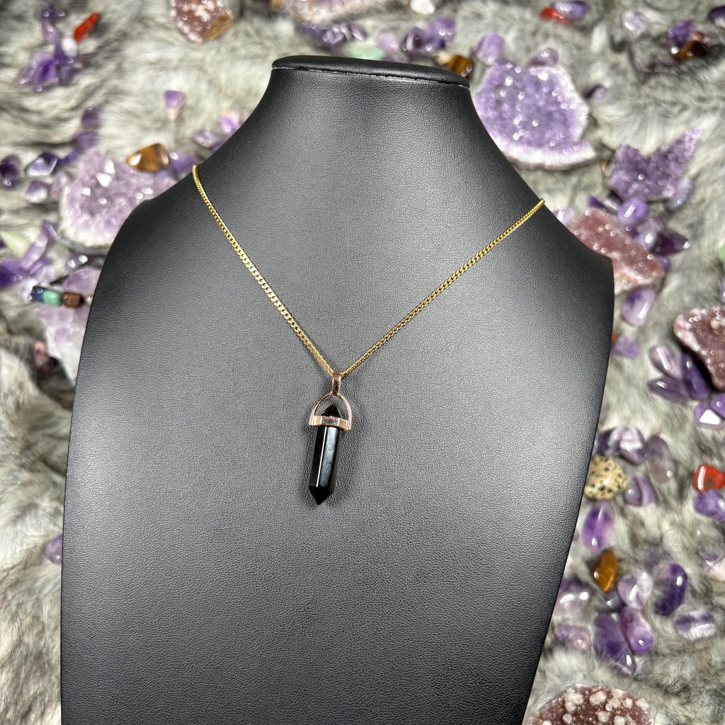Onyx Crystal Hexagonal Double-Terminated Gold Stainless Steel Chain Necklace