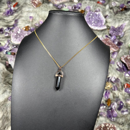 Onyx Crystal Hexagonal Double-Terminated Gold Stainless Steel Chain Necklace