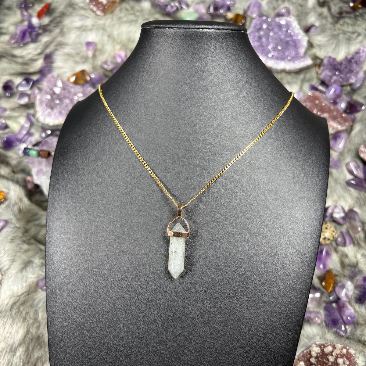 Labradorite Hexagonal Double-Terminated Gold Stainless Steel Chain Necklace
