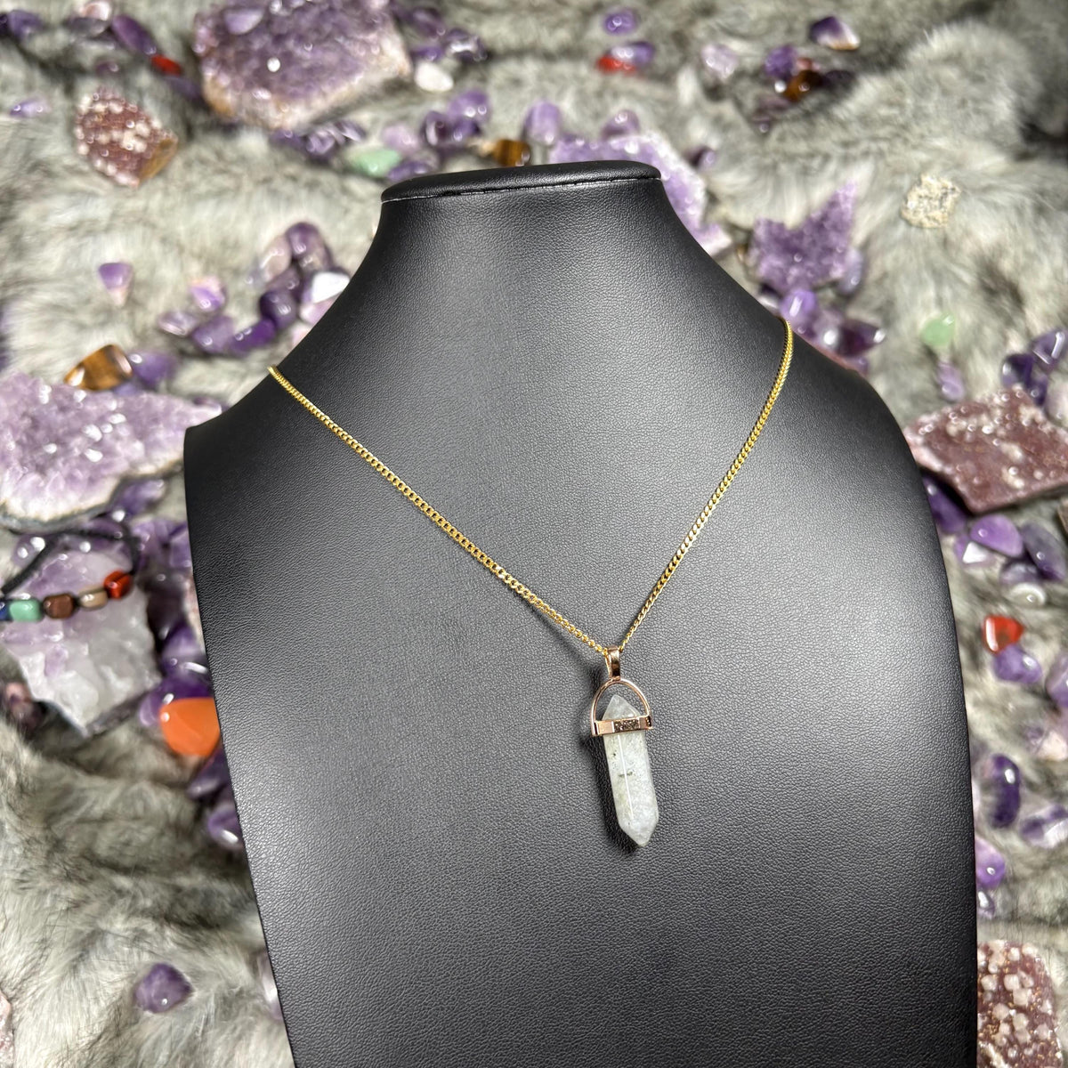 Labradorite Hexagonal Double-Terminated Gold Stainless Steel Chain Necklace