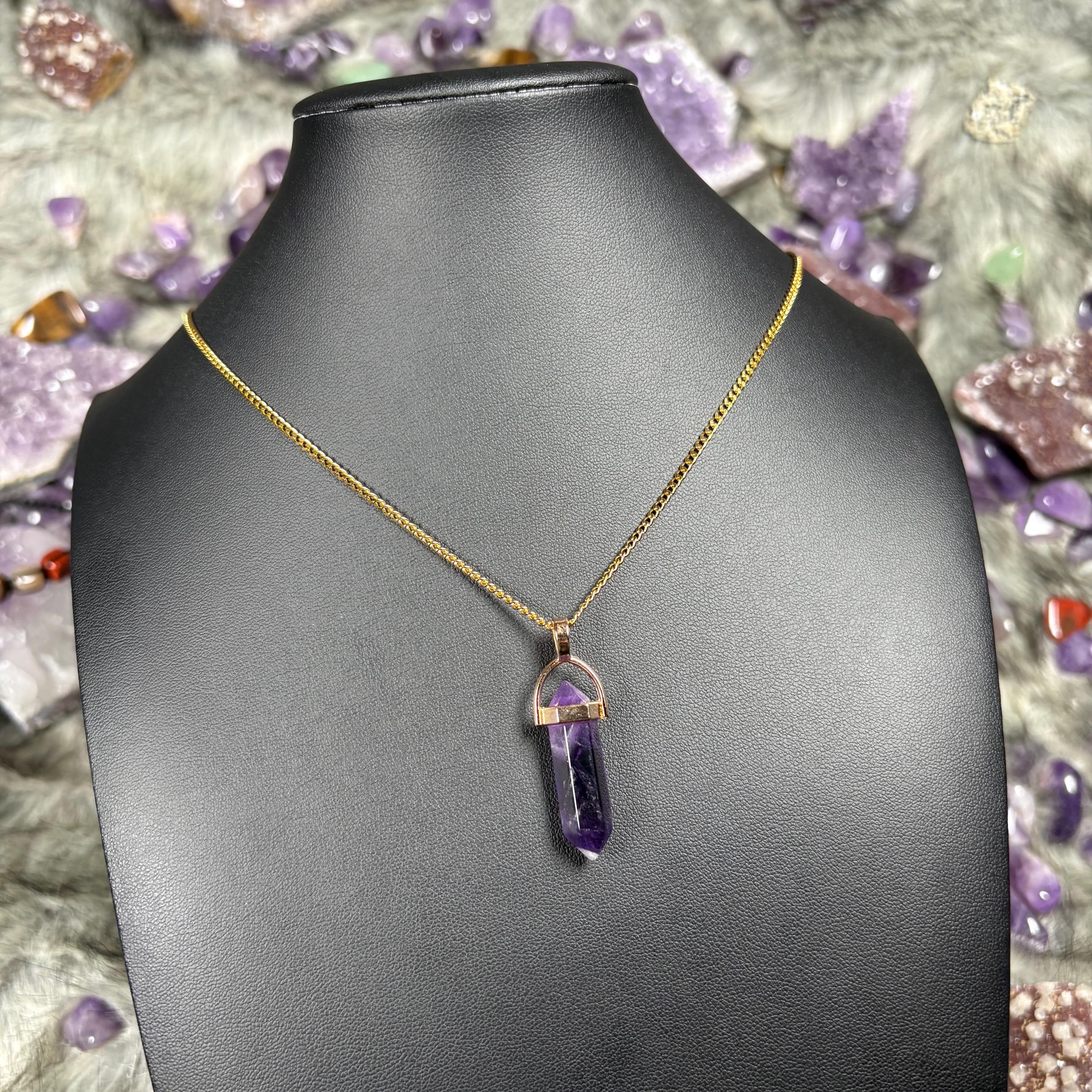 Amethyst Crystal Double Terminated Hexagon Gold Stainless Steel Chain Necklace
