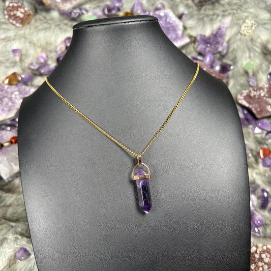 Amethyst Crystal Double Terminated Hexagon Gold Stainless Steel Chain Necklace