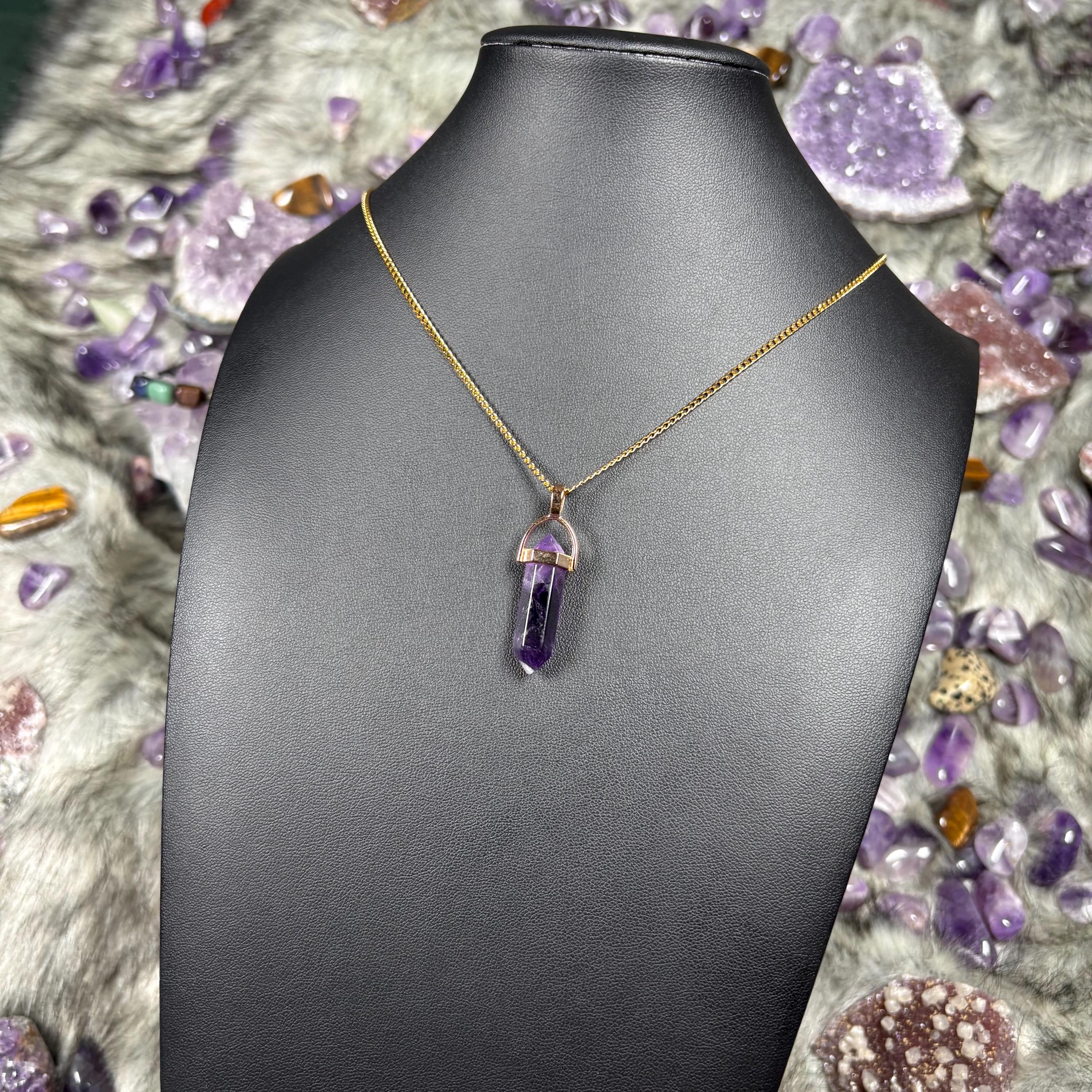 Amethyst Crystal Double Terminated Hexagon Gold Stainless Steel Chain Necklace