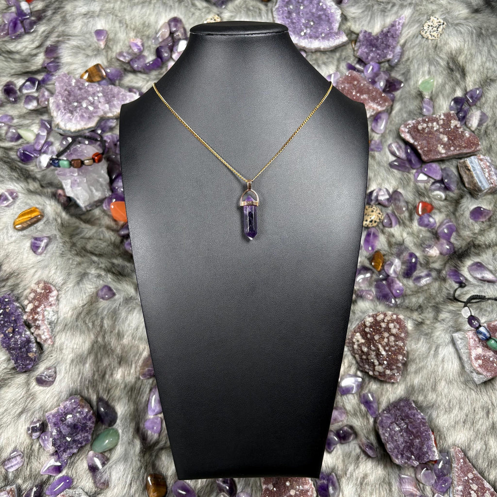 Amethyst Crystal Double Terminated Hexagon Gold Stainless Steel Chain Necklace