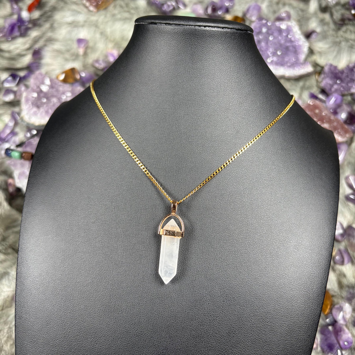 Clear Quartz Hexagonal Double-Terminated Gold Stainless Steel Chain Necklace