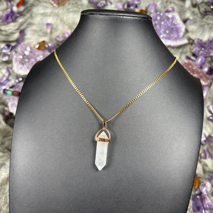 Clear Quartz Hexagonal Double-Terminated Gold Stainless Steel Chain Necklace