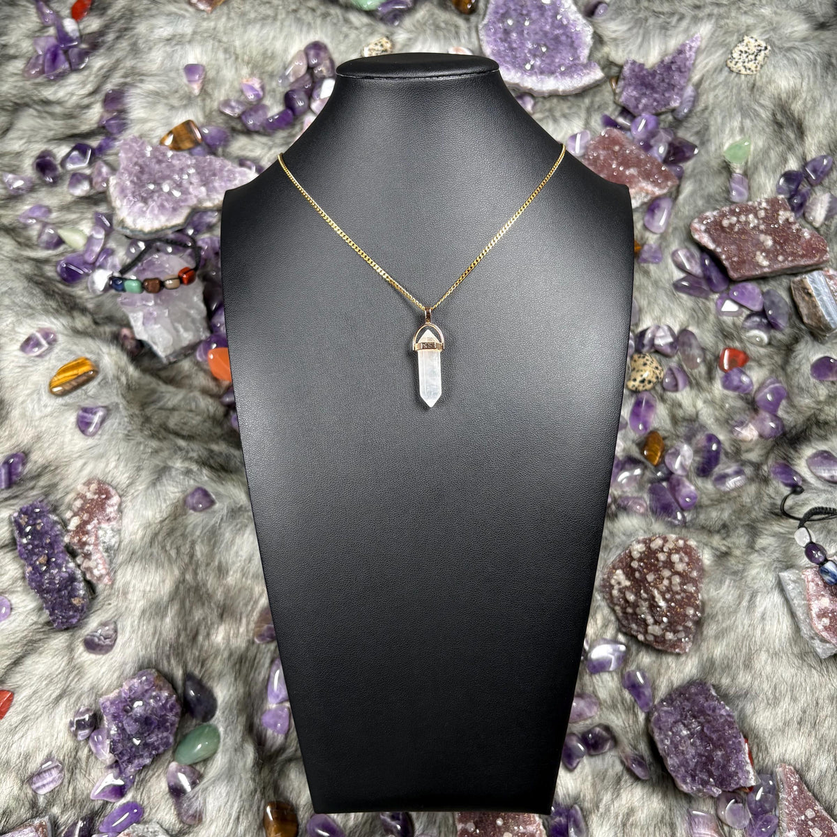 Clear Quartz Hexagonal Double-Terminated Gold Stainless Steel Chain Necklace