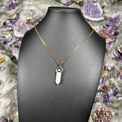 Clear Quartz Hexagonal Double-Terminated Gold Stainless Steel Chain Necklace
