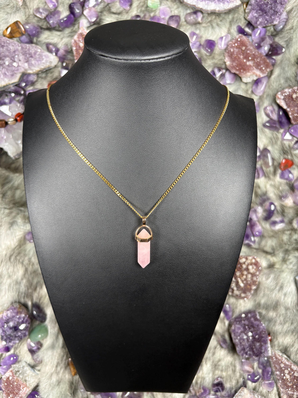Rose Quartz Hexagonal Double-Terminated Gold Stainless Steel Chain Necklace