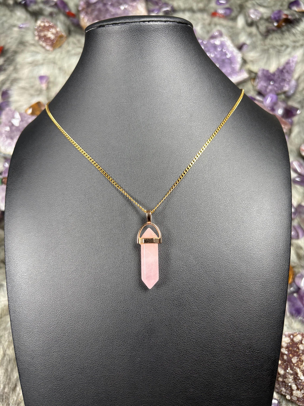 Rose Quartz Hexagonal Double-Terminated Gold Stainless Steel Chain Necklace