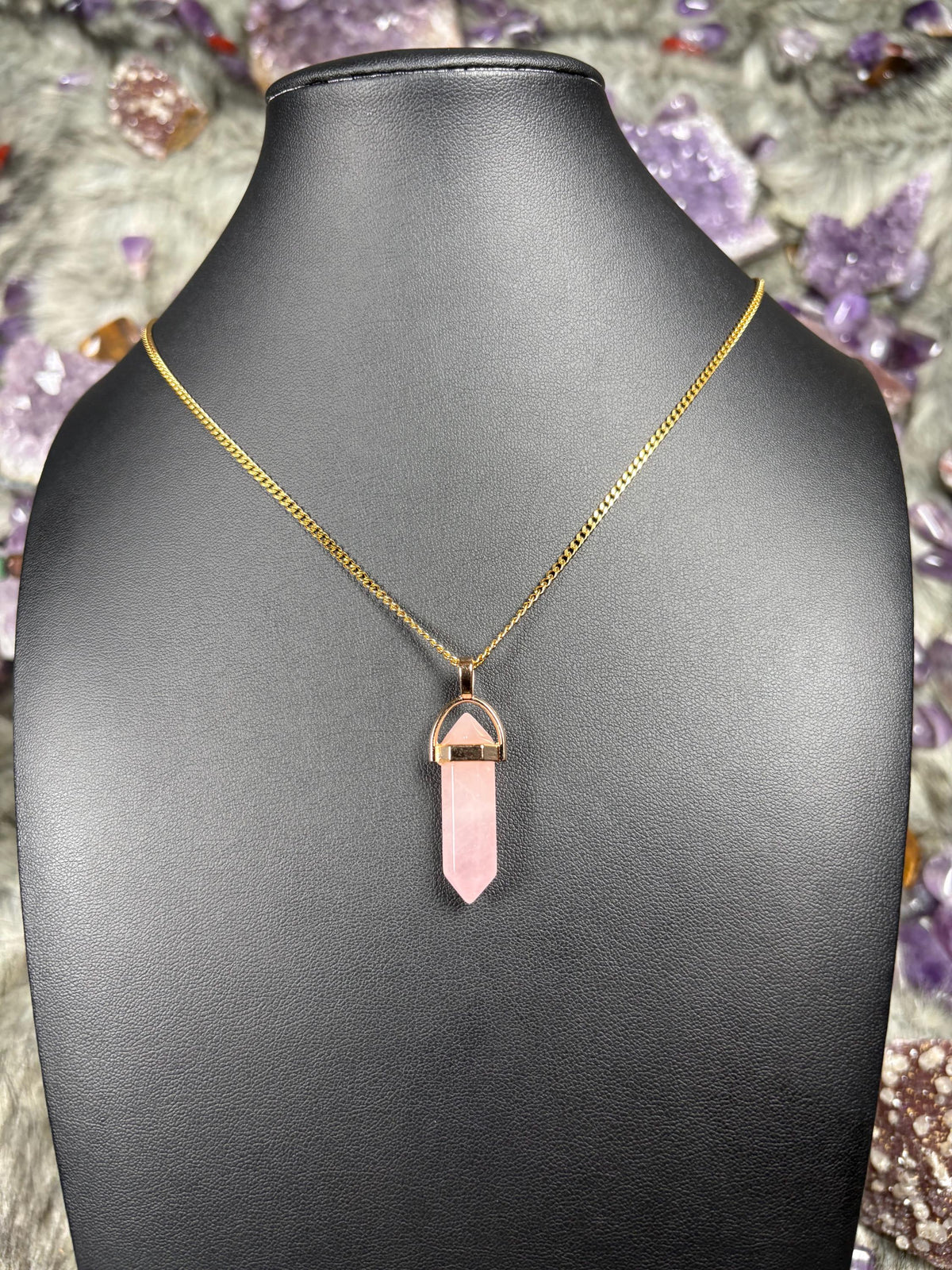 Rose Quartz Hexagonal Double-Terminated Gold Stainless Steel Chain Necklace