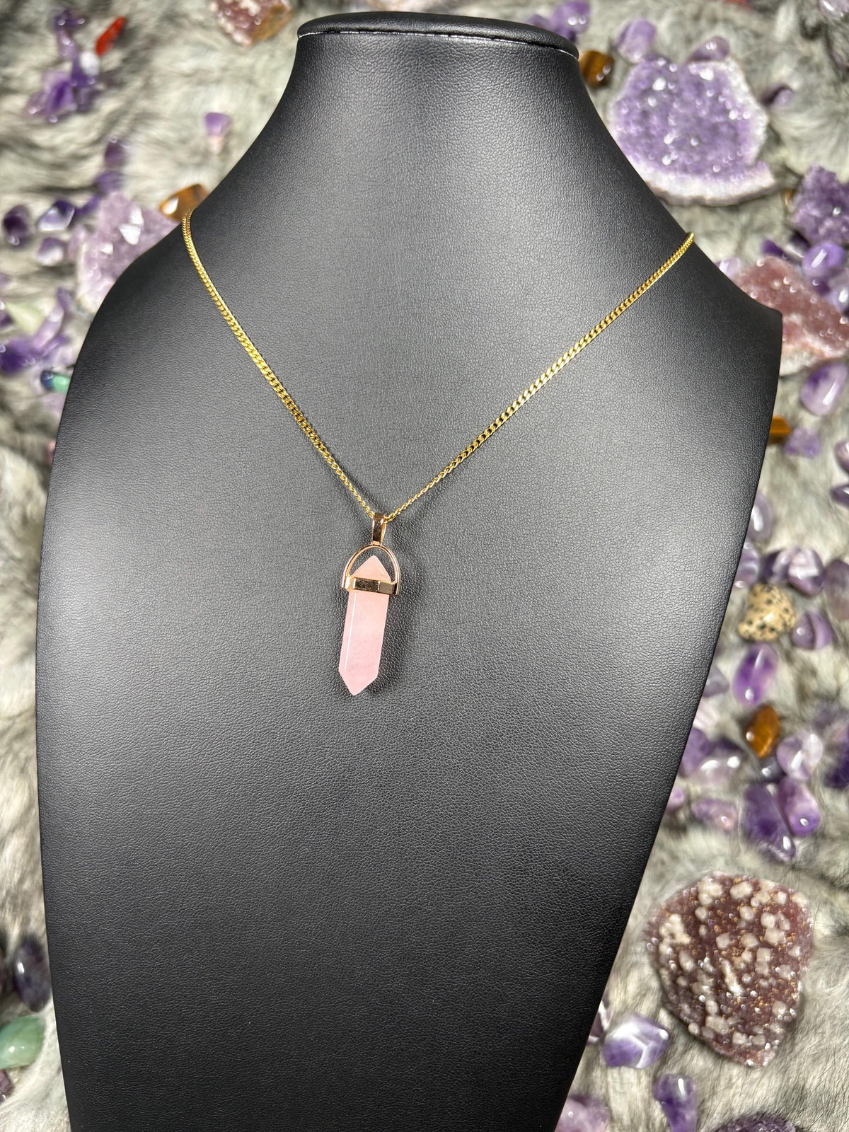 Rose Quartz Hexagonal Double-Terminated Gold Stainless Steel Chain Necklace