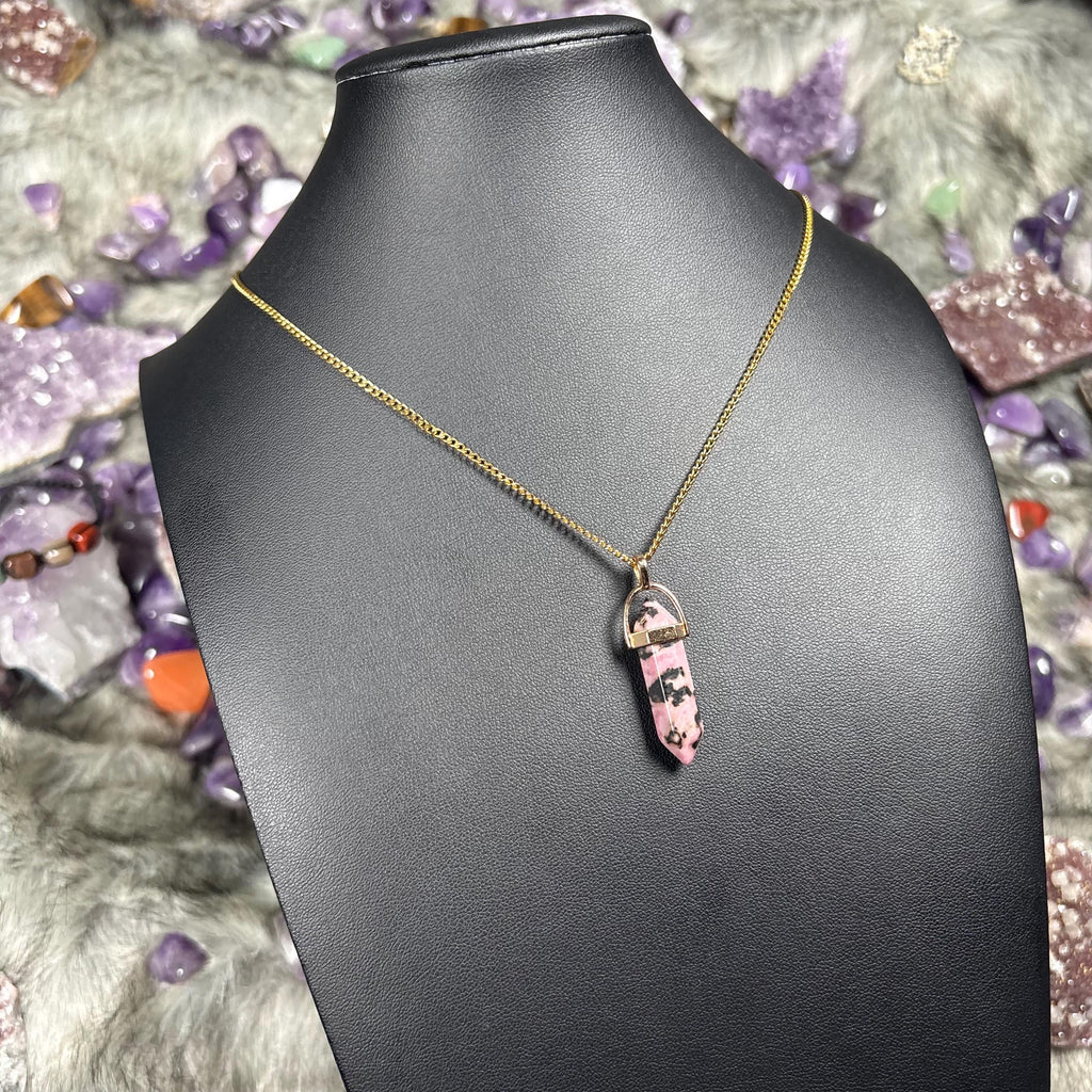 Rhodonite Hexagonal Double-Terminated Gold Stainless Steel Chain Necklace