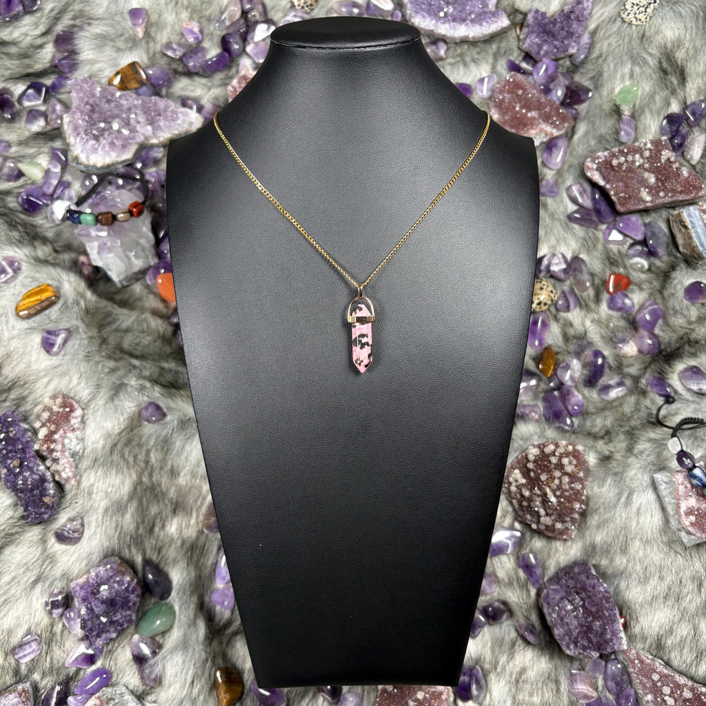 Rhodonite Hexagonal Double-Terminated Gold Stainless Steel Chain Necklace