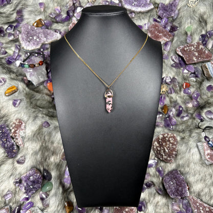 Rhodonite Hexagonal Double-Terminated Gold Stainless Steel Chain Necklace