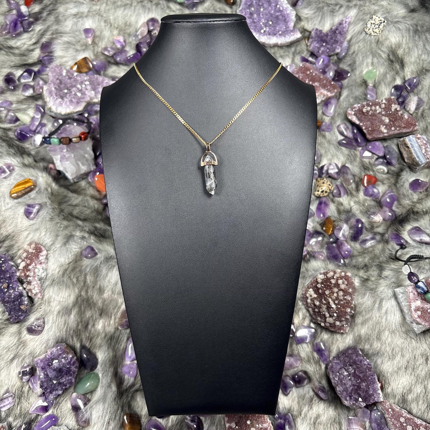 Larvikite Hexagonal Double-Terminated Gold Stainless Steel Chain Necklace