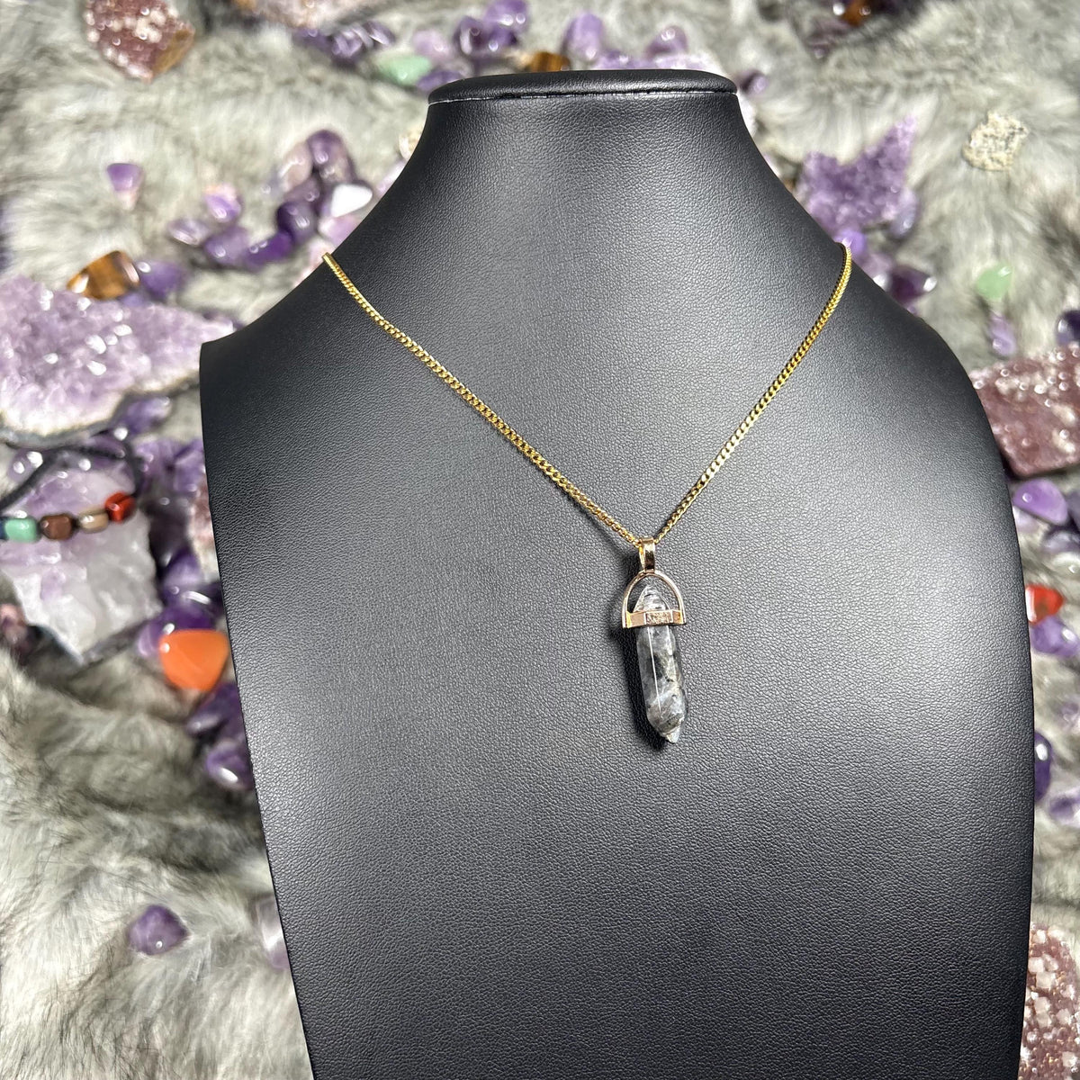 Larvikite Hexagonal Double-Terminated Gold Stainless Steel Chain Necklace
