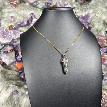 Larvikite Hexagonal Double-Terminated Gold Stainless Steel Chain Necklace