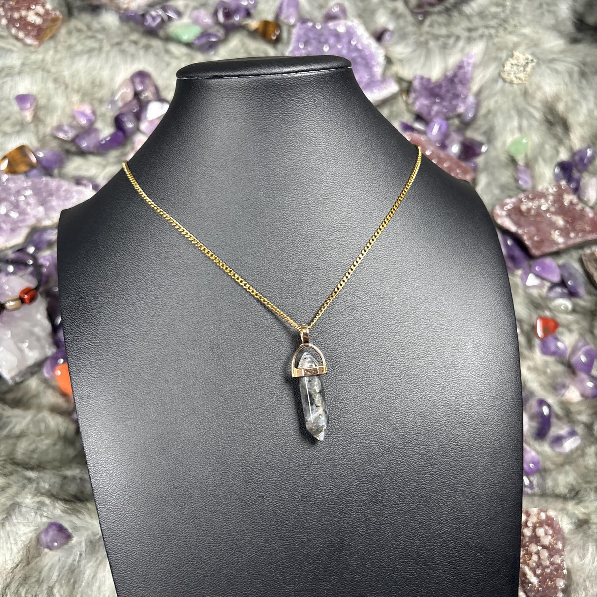Larvikite Hexagonal Double-Terminated Gold Stainless Steel Chain Necklace