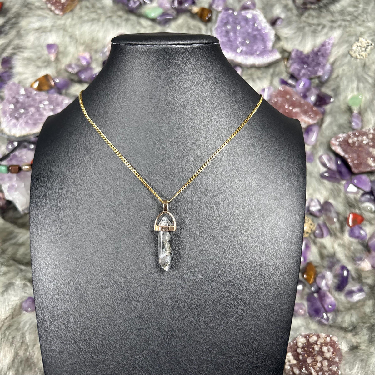 Larvikite Hexagonal Double-Terminated Gold Stainless Steel Chain Necklace