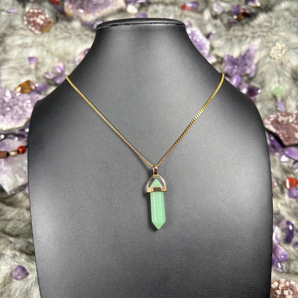 Green Aventurine Hexagonal Double-Terminated Gold Stainless Steel Chain Necklace