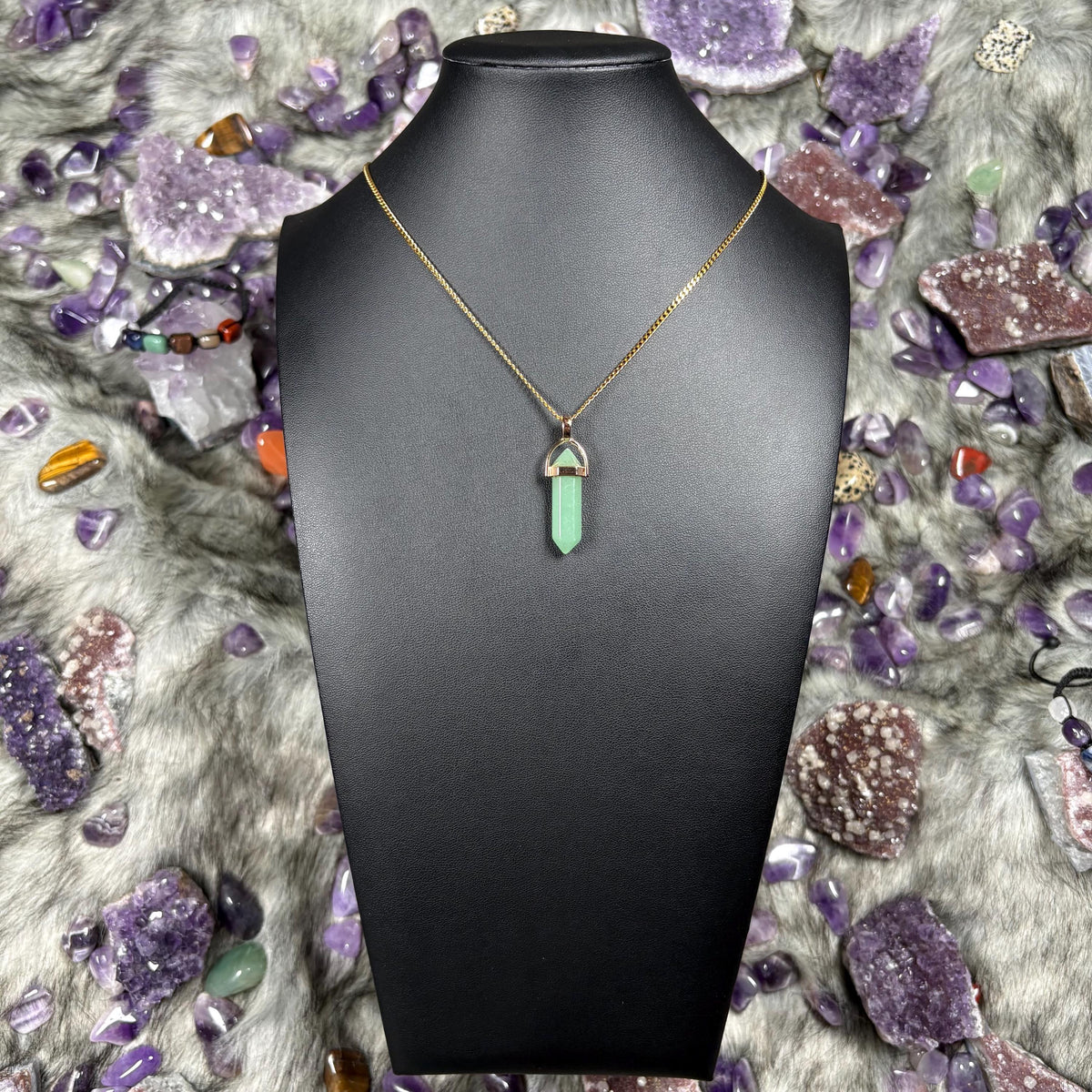 Green Aventurine Hexagonal Double-Terminated Gold Stainless Steel Chain Necklace