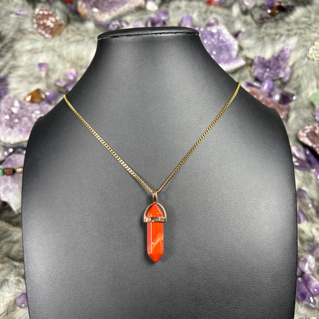 Red Jasper Hexagonal Double-Terminated Gold Stainless Steel Chain Necklace