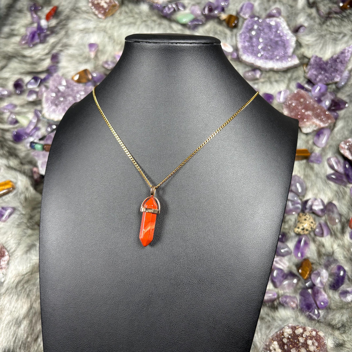 Red Jasper Hexagonal Double-Terminated Gold Stainless Steel Chain Necklace