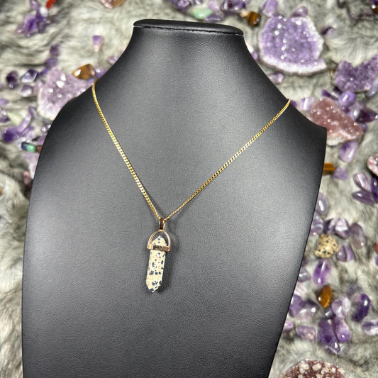 Dalmatian Jasper Hexagonal Double-Terminated Gold Stainless Steel Chain Necklace