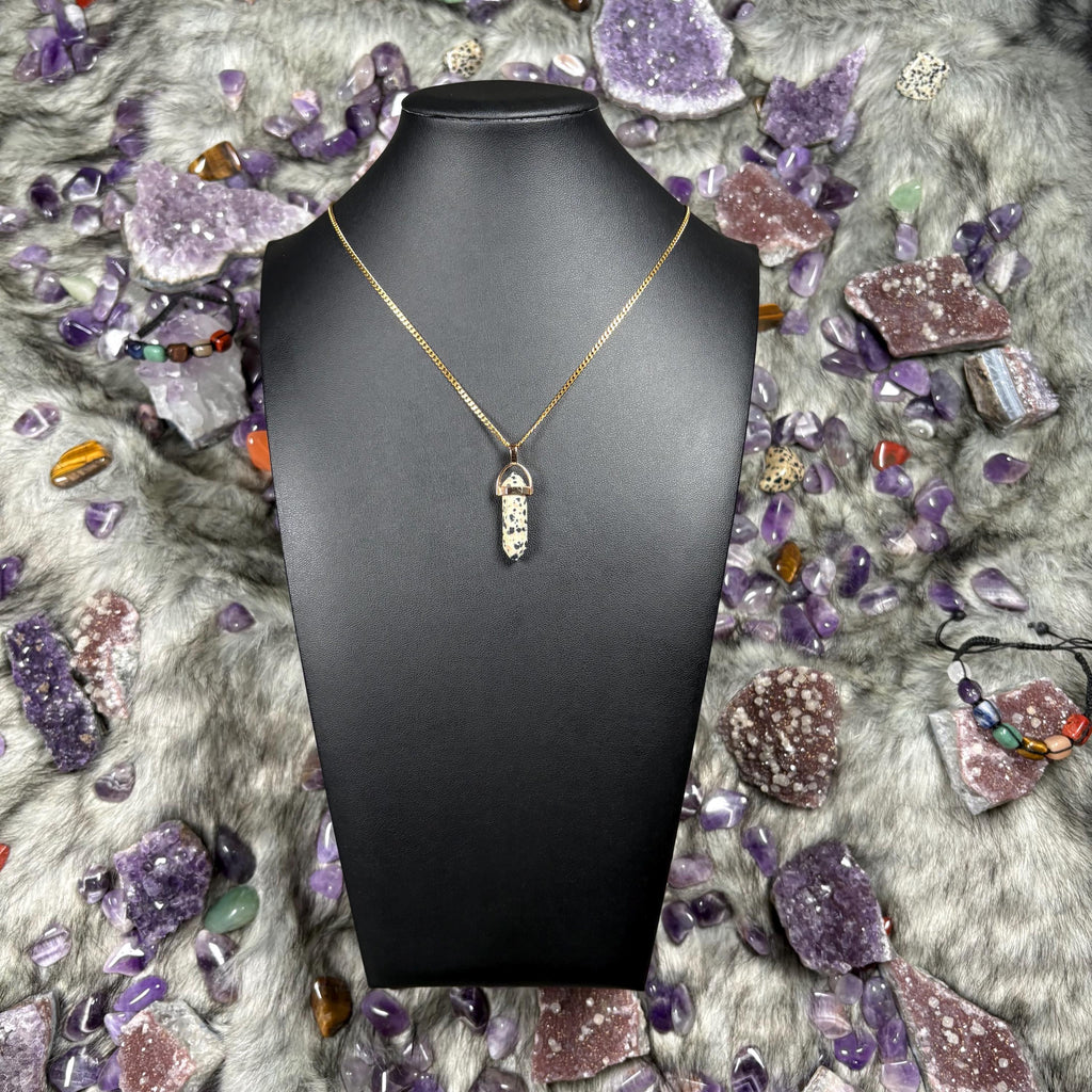 Dalmatian Jasper Hexagonal Double-Terminated Gold Stainless Steel Chain Necklace