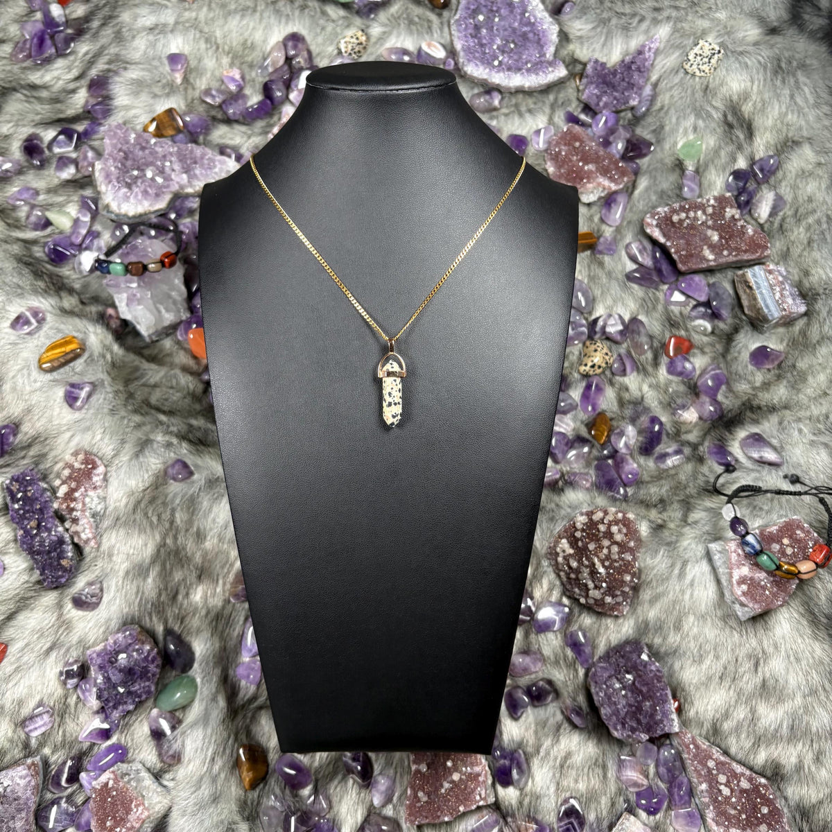 Dalmatian Jasper Hexagonal Double-Terminated Gold Stainless Steel Chain Necklace