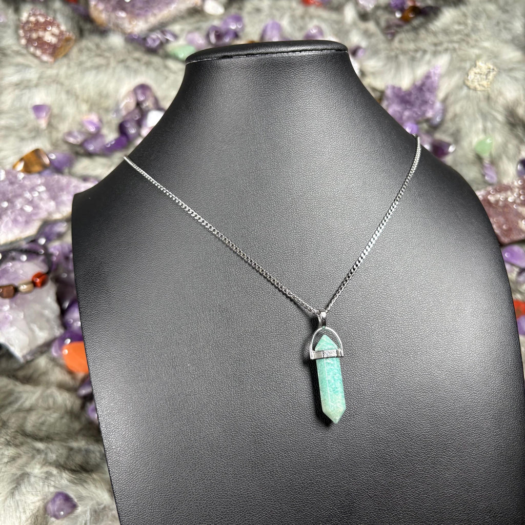 Amazonite Crystal Hexagonal Double Terminated Silver Stainless Steel Necklace