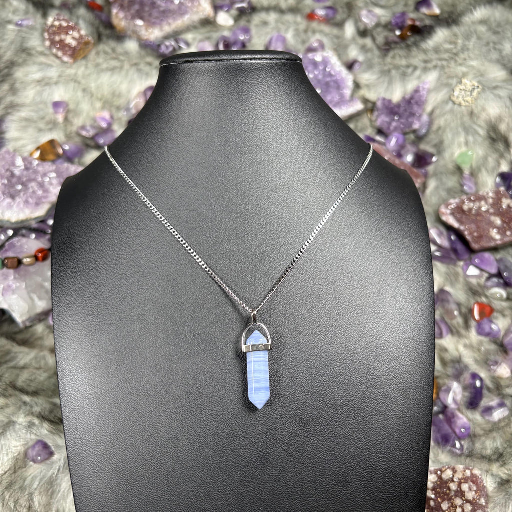 Blue Lace Agate Crystal Hexagonal Double Terminated Silver Stainless Steel Necklace