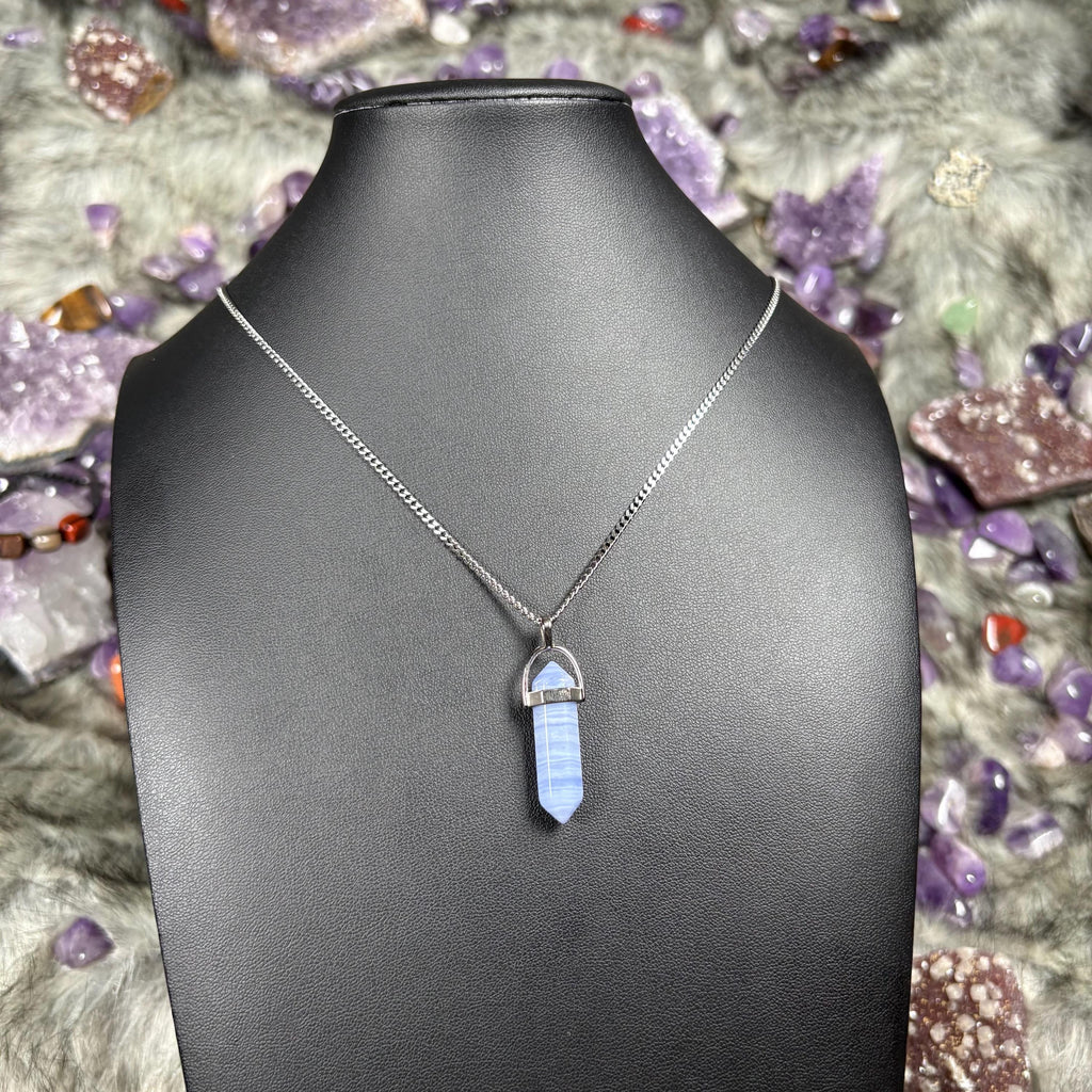 Blue Lace Agate Crystal Hexagonal Double Terminated Silver Stainless Steel Necklace