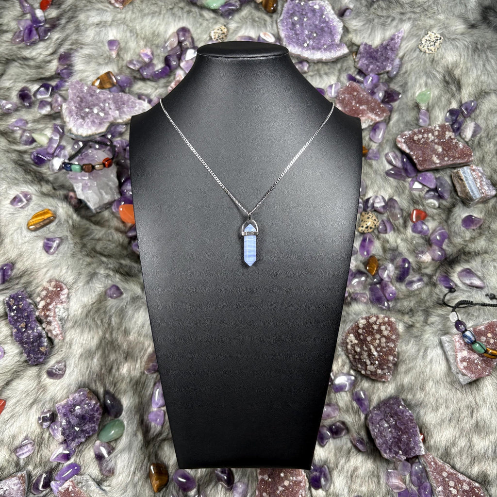 Blue Lace Agate Crystal Hexagonal Double Terminated Silver Stainless Steel Necklace