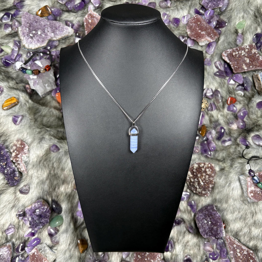 Blue Lace Agate Crystal Hexagonal Double Terminated Silver Stainless Steel Necklace