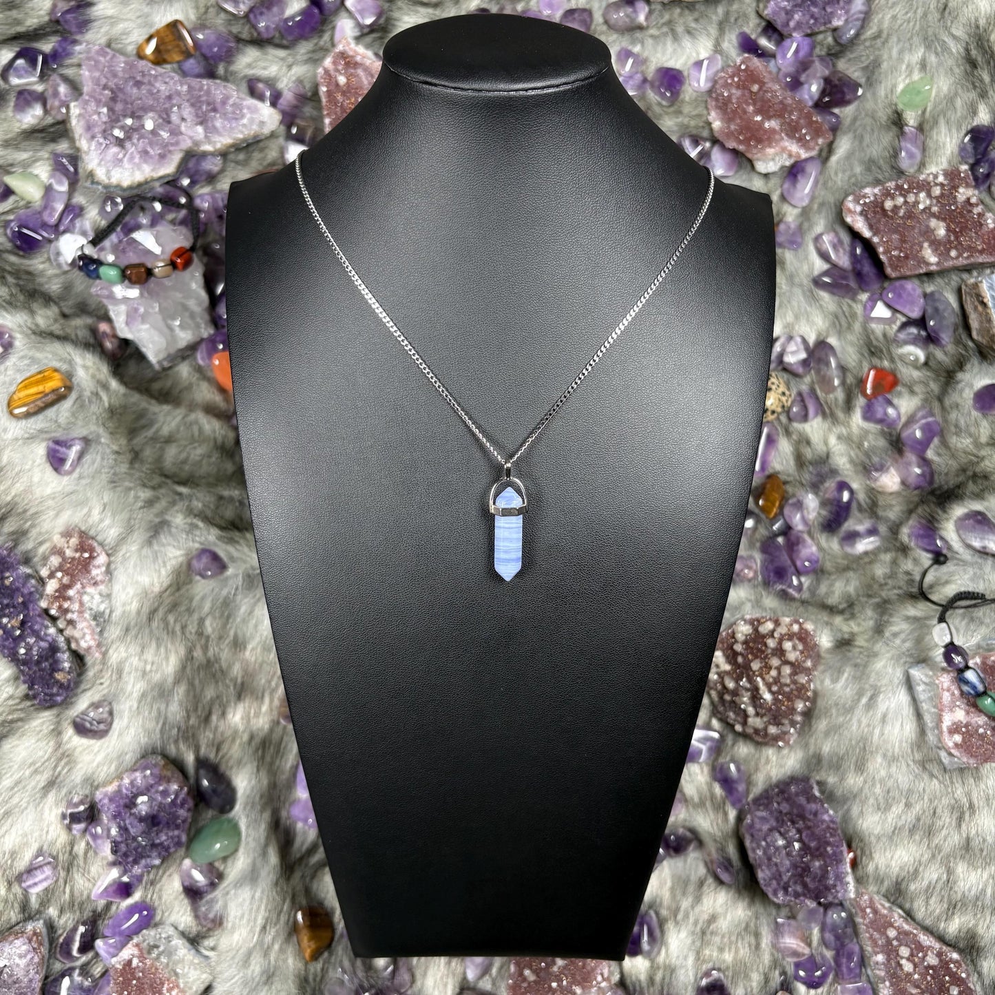 Blue Lace Agate Crystal Hexagonal Double Terminated Silver Stainless Steel Necklace