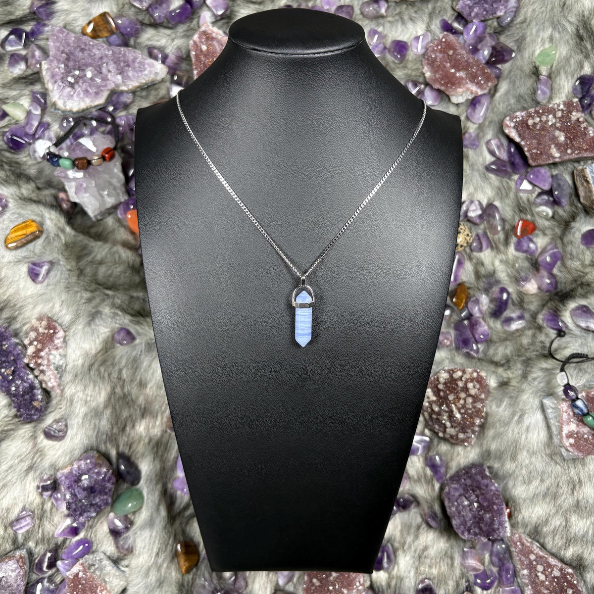 Blue Lace Agate Crystal Hexagonal Double Terminated Silver Stainless Steel Necklace
