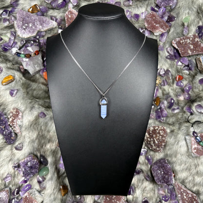 Blue Lace Agate Crystal Hexagonal Double Terminated Silver Stainless Steel Necklace