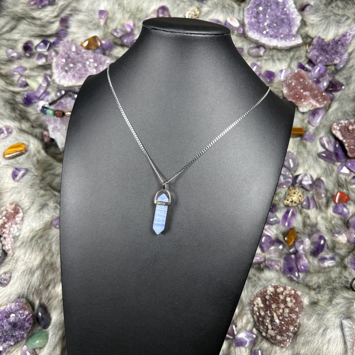 Blue Lace Agate Crystal Hexagonal Double Terminated Silver Stainless Steel Necklace