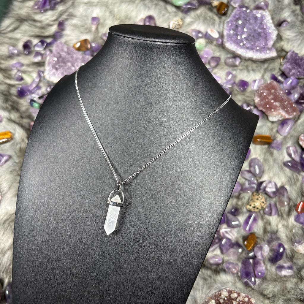 Clear Quartz Hexagonal Double-Terminated Silver Stainless Steel Chain Necklace