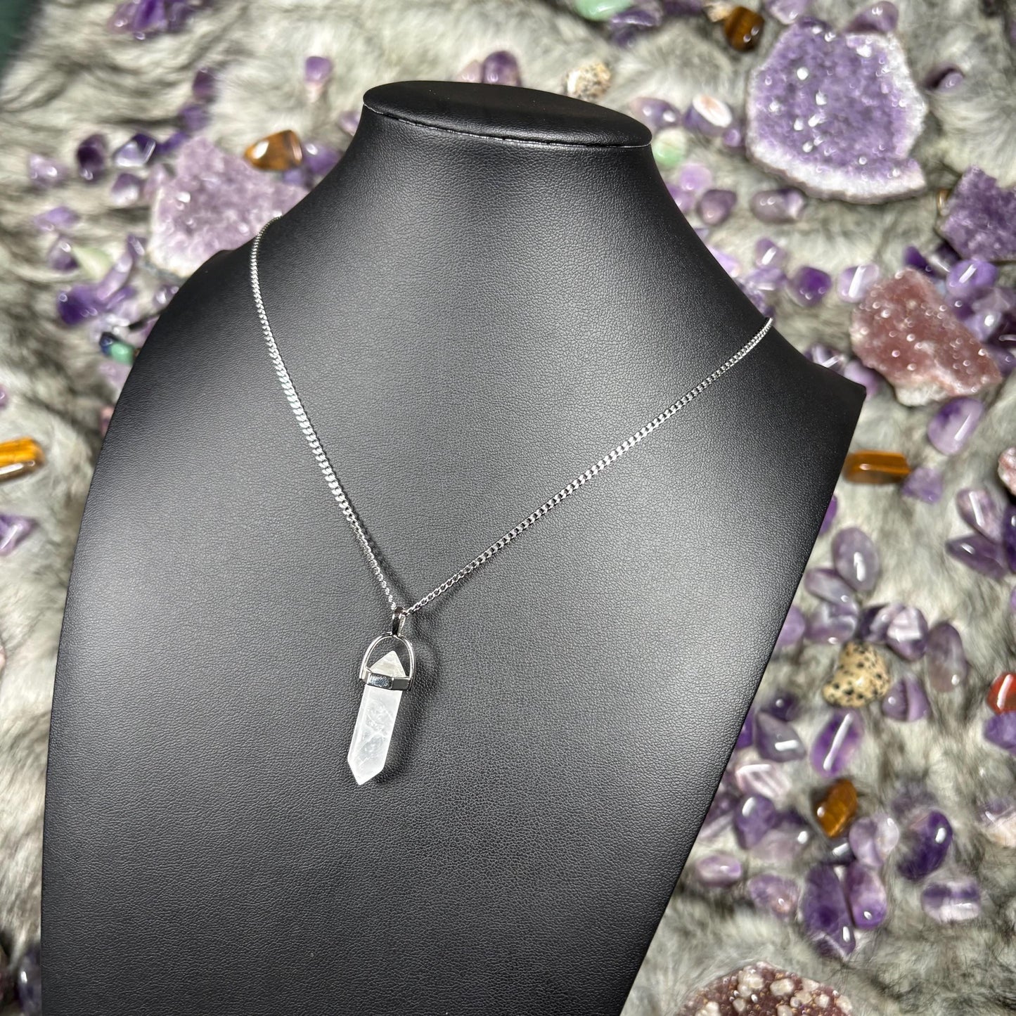 Clear Quartz Hexagonal Double-Terminated Silver Stainless Steel Chain Necklace