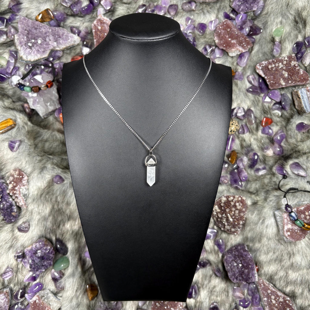 Clear Quartz Hexagonal Double-Terminated Silver Stainless Steel Chain Necklace