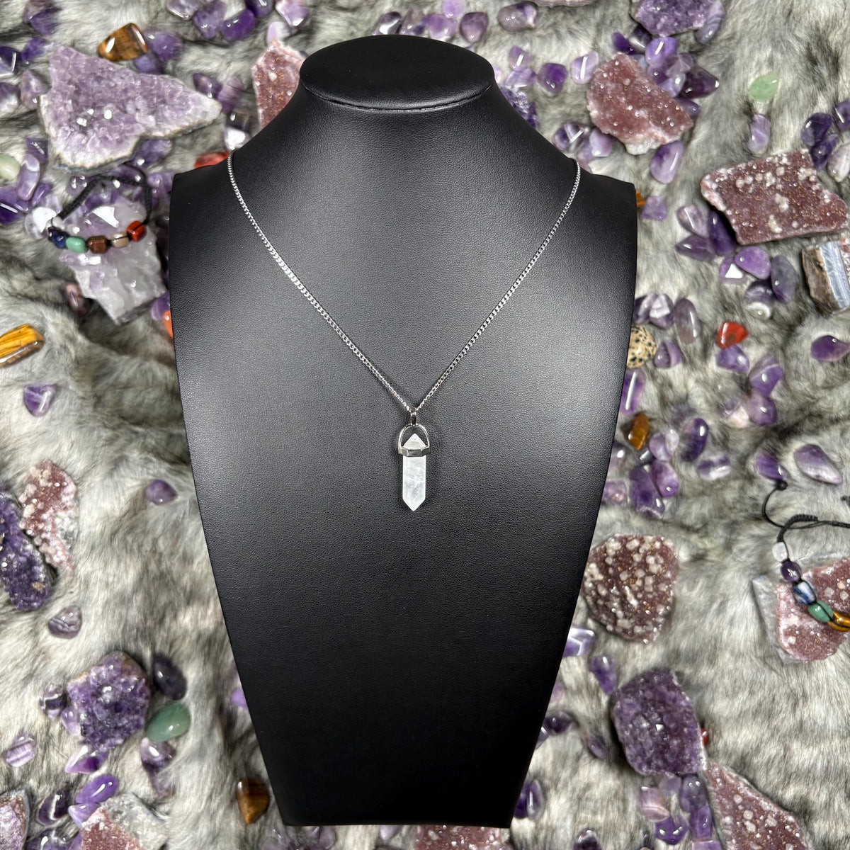 Clear Quartz Hexagonal Double-Terminated Silver Stainless Steel Chain Necklace