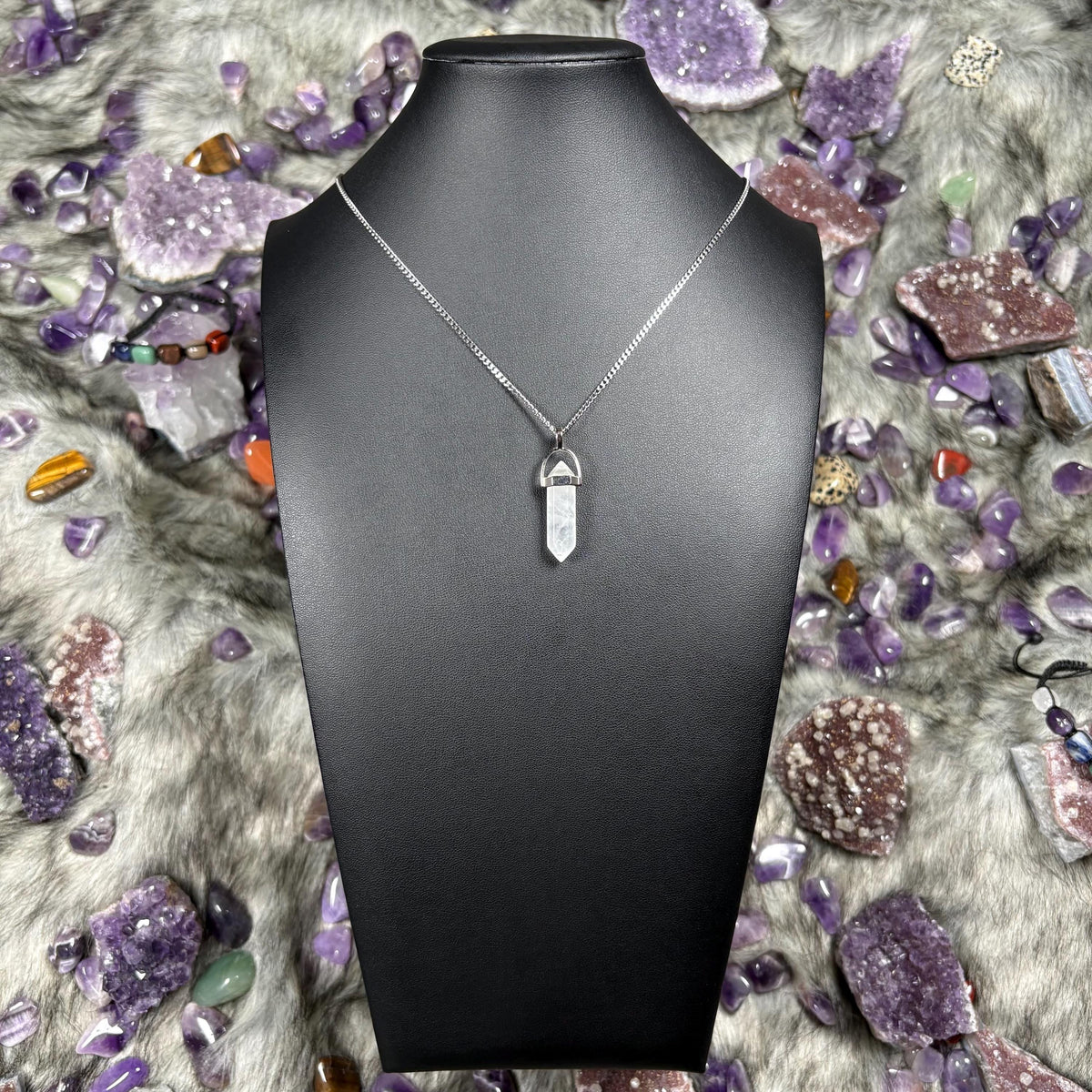 Clear Quartz Hexagonal Double-Terminated Silver Stainless Steel Chain Necklace