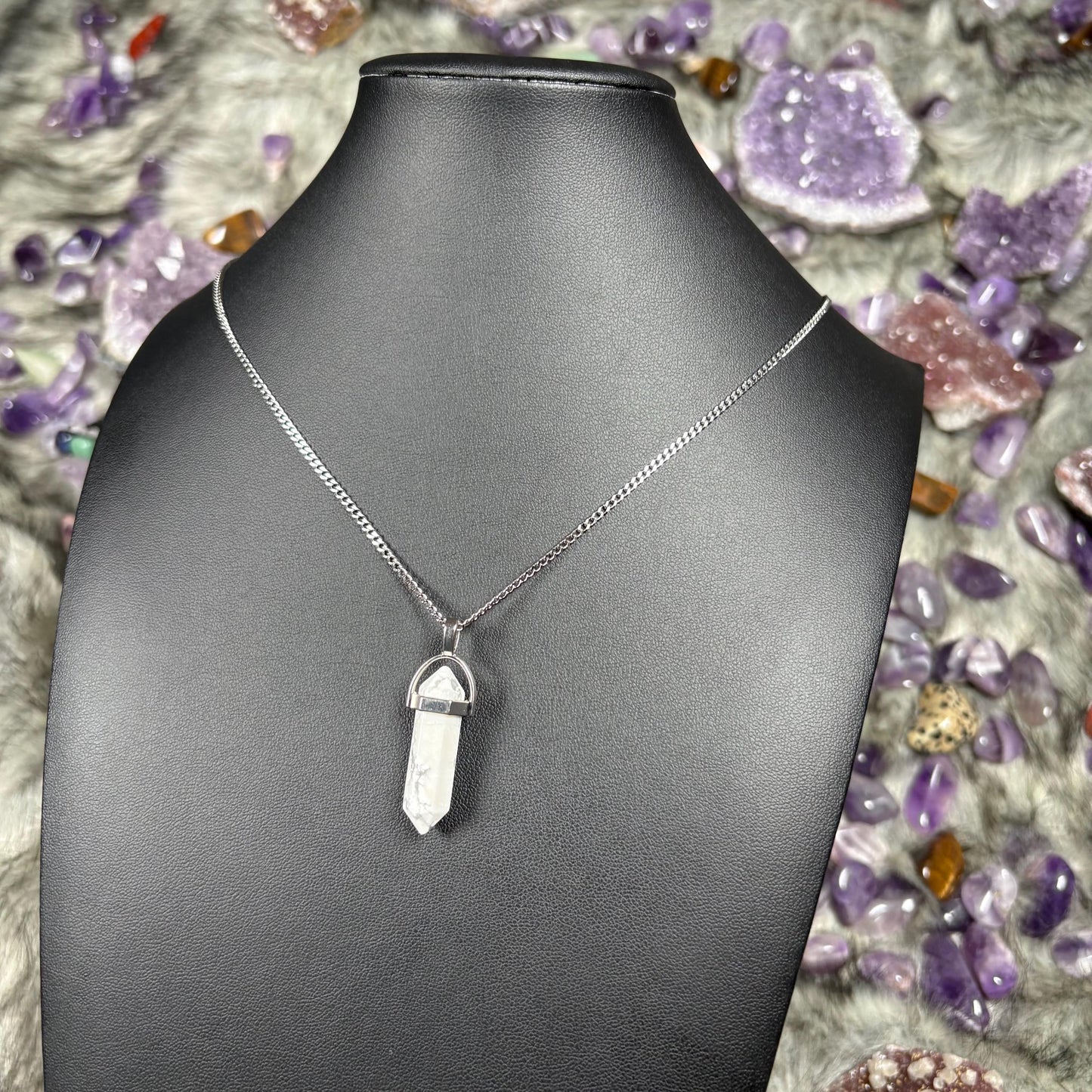Howlite Crystal Hexagonal Double-Terminated Silver Stainless Steel Chain Necklace