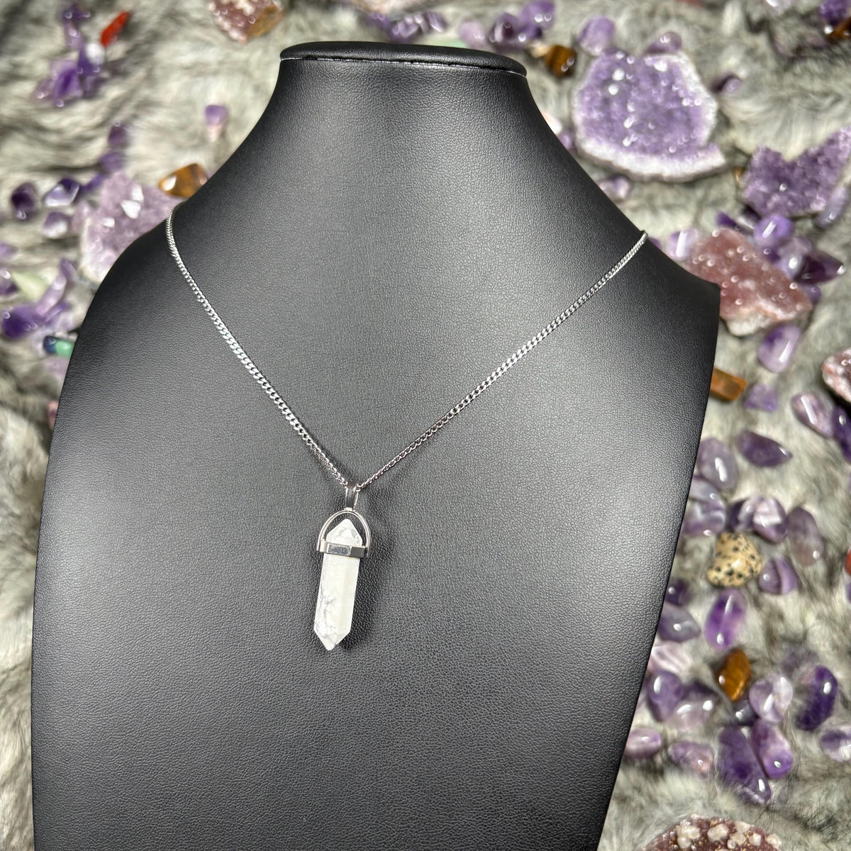 Howlite Crystal Hexagonal Double-Terminated Silver Stainless Steel Chain Necklace