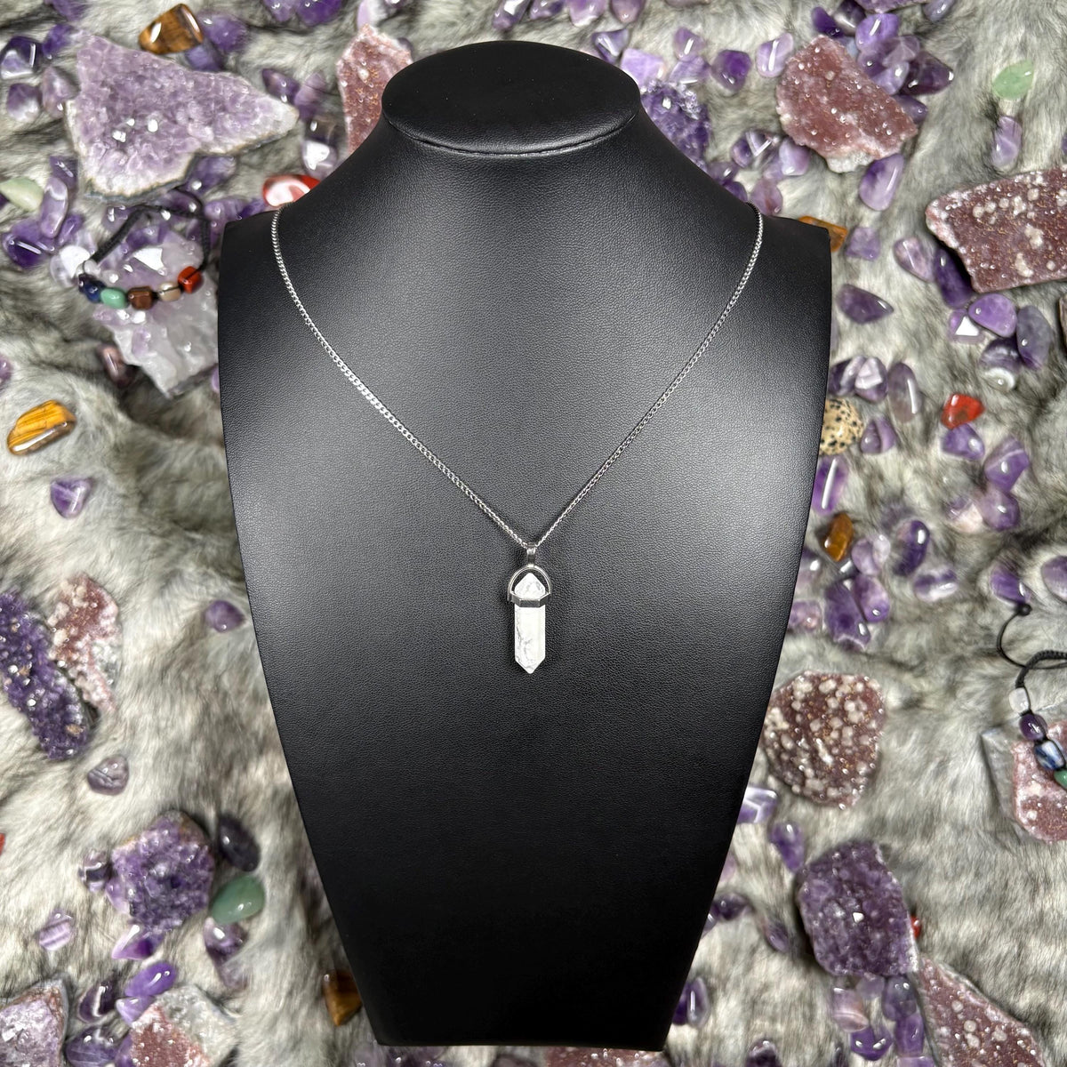 Howlite Crystal Hexagonal Double-Terminated Silver Stainless Steel Chain Necklace