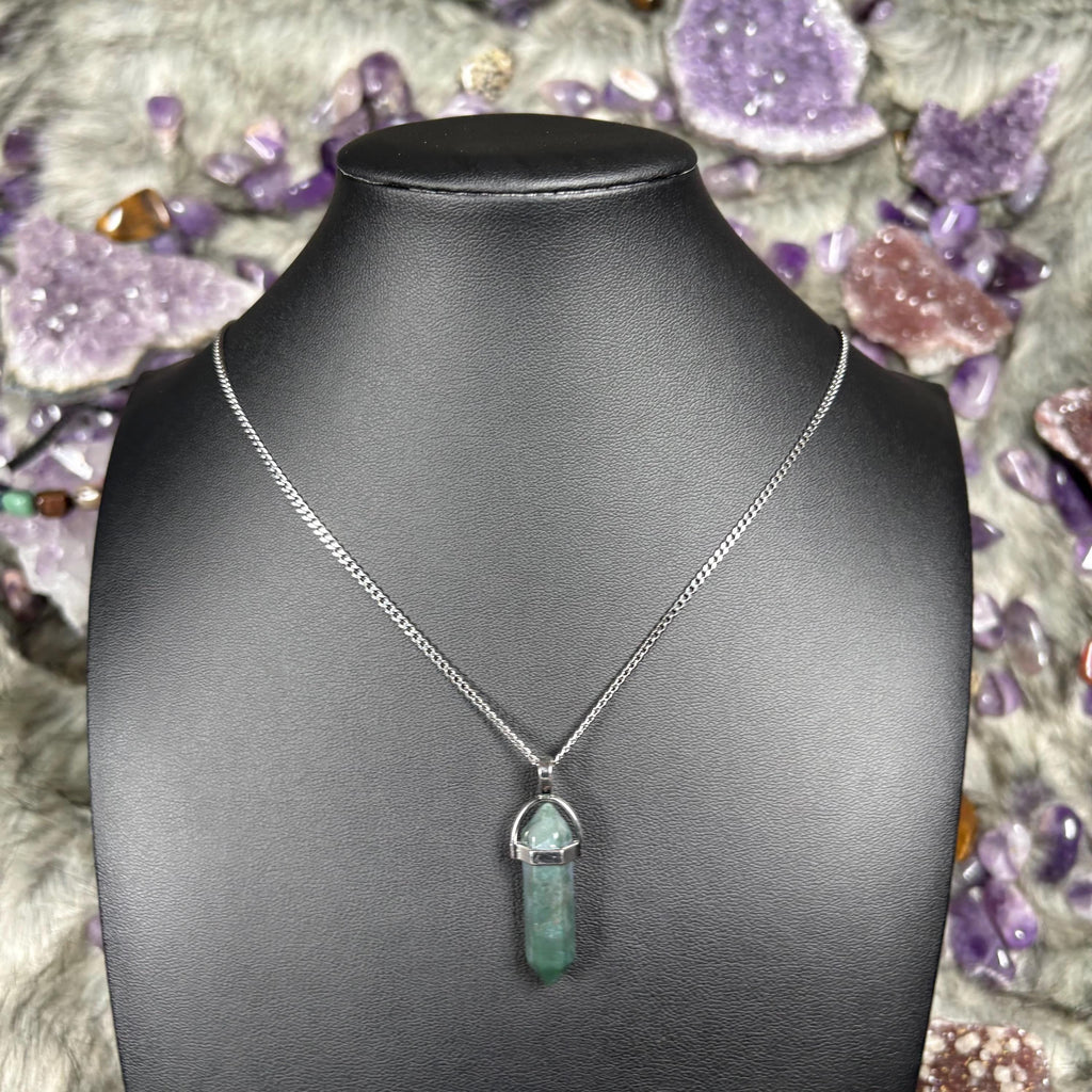 Green Moss Agate Hexagonal Double-Terminated Silver Stainless Steel Chain Necklace